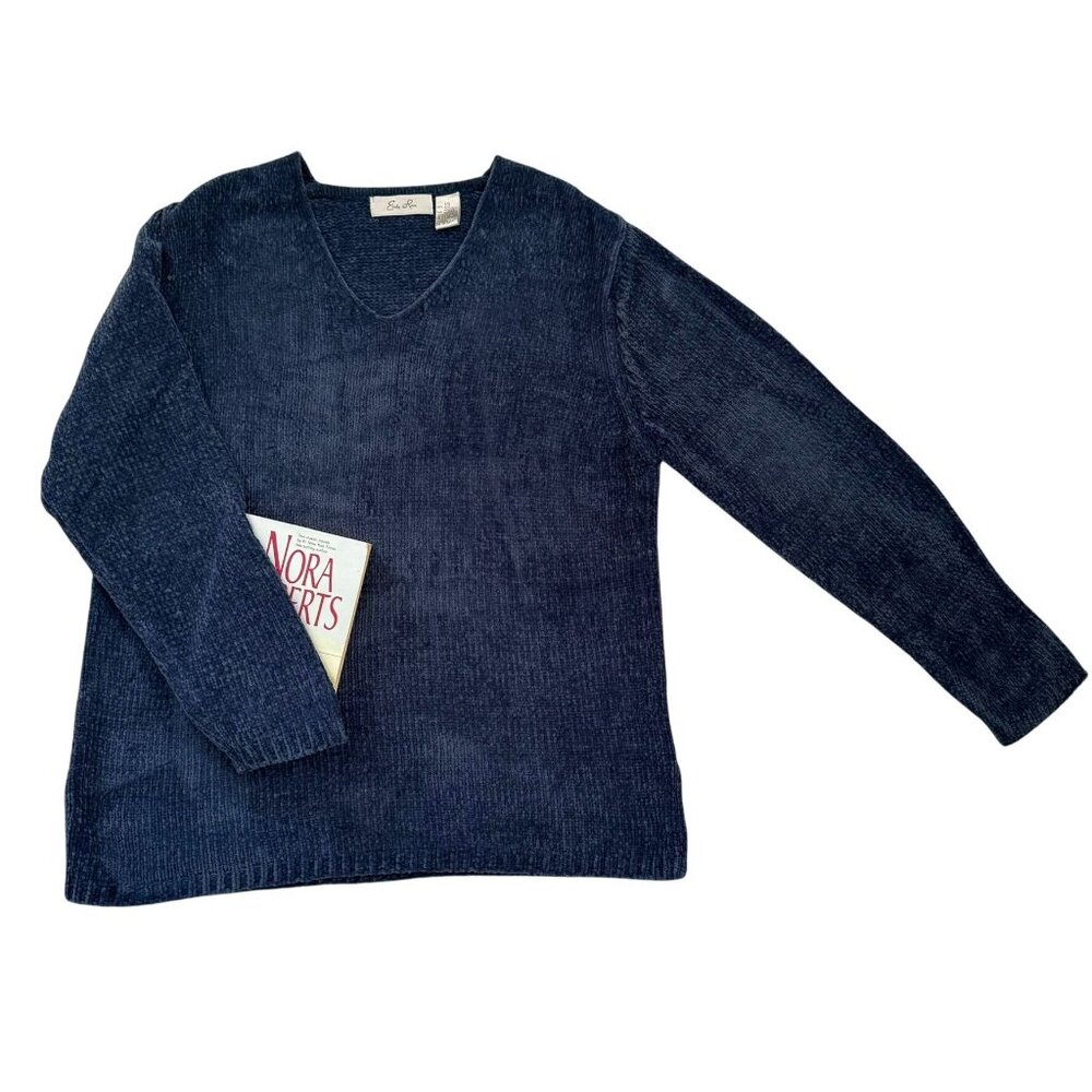 Emily Rose Womens Size Large Chenille V-Neck Pullover Sweater Chunky Knit Blue